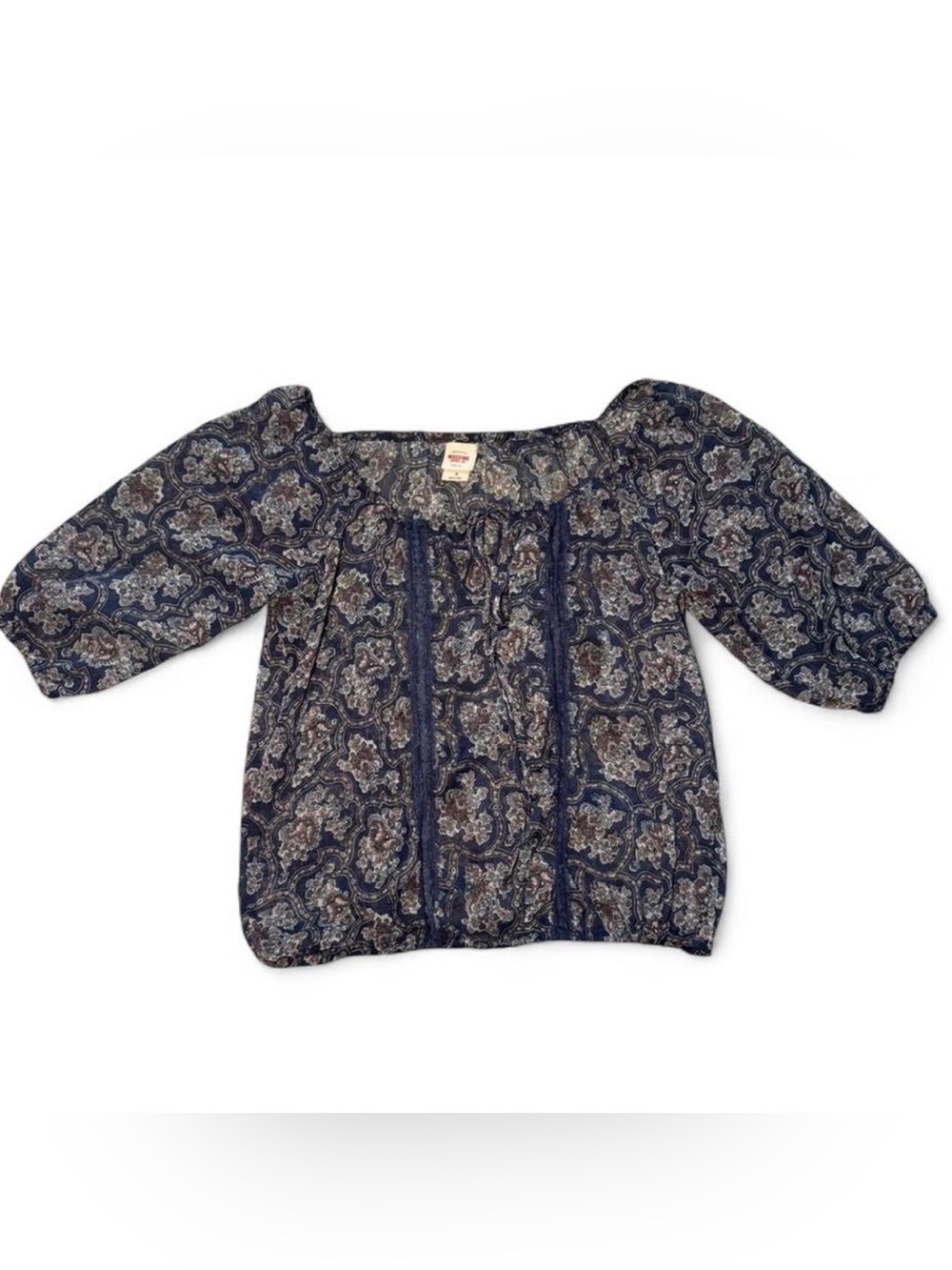 Y2K vintage sheer festival Mossimo blue paisley blouse puff sleeves🐚